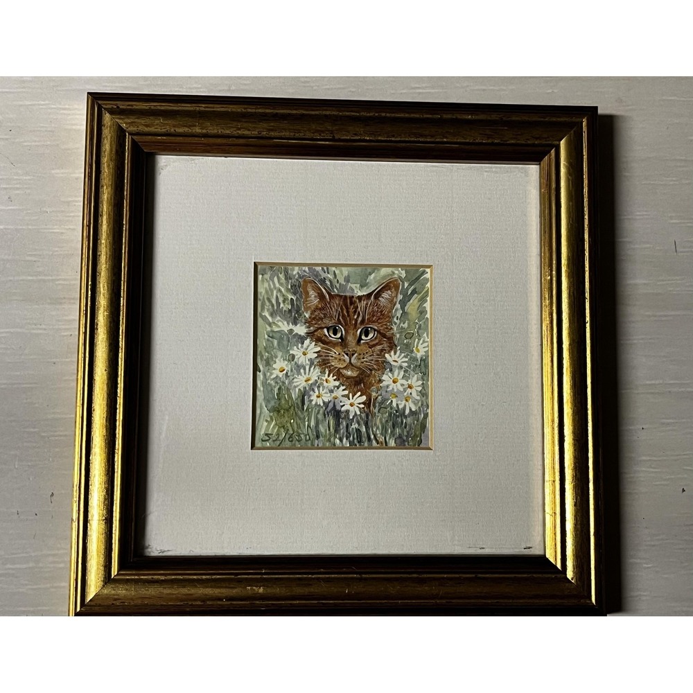 Lesley Holmes Cat‎ Daisies Small Limited Edition Miniature Print Framed Numbered